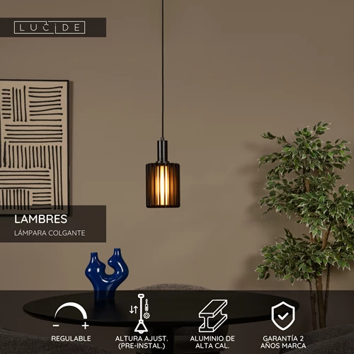 Lucide LAMBRES - Lámpara colgante - Ø 15 cm - 1xE27 - Negro - USP